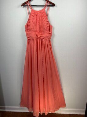 JJ's House Coral Chiffon Pleated Maxi Bridesmaid Dress Size 2